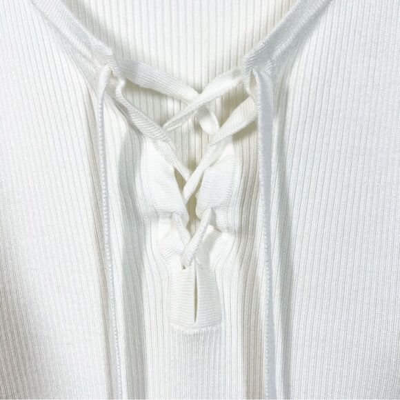 Guess  Women’s Size Large White Sydney Ribbed Sleeveless Sweater Lace Up Placket - Picture 6 of 12